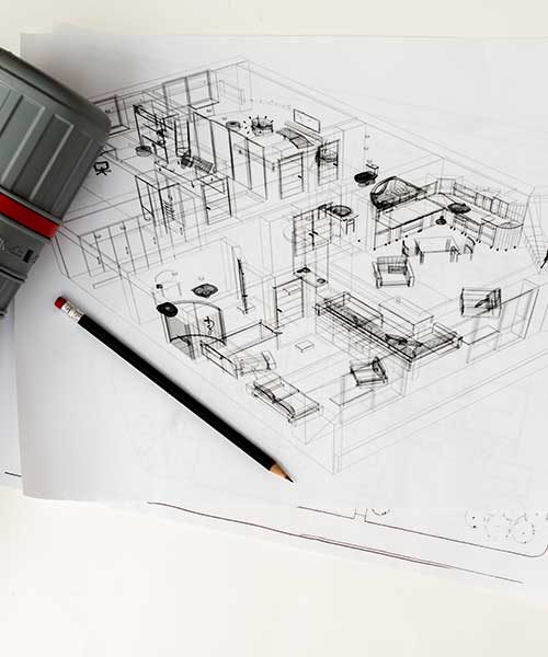 Plano técnico arquitectónico y herramientas de trabajo utilizadas por Inteco Construcción en Barcelona