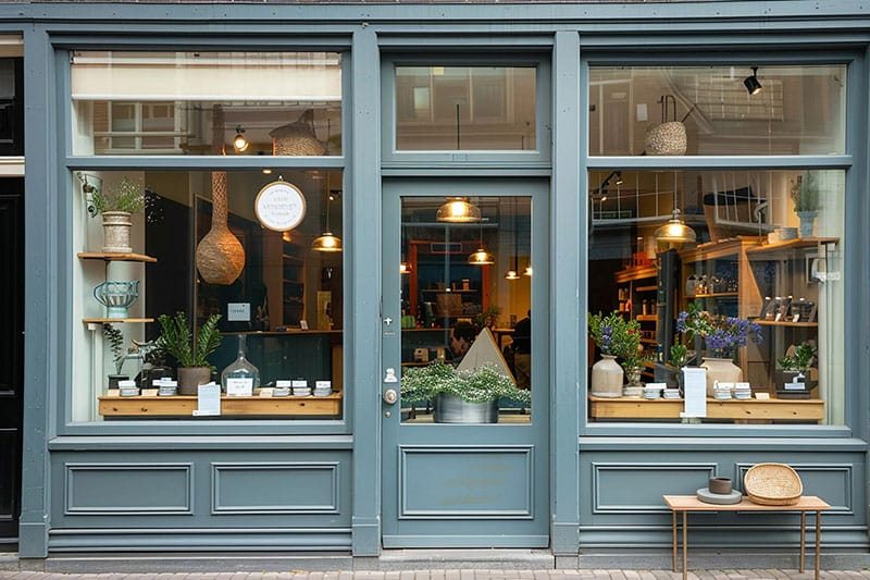 Fachada de cafetería reformada en Barcelona con diseño acogedor y escaparates amplios